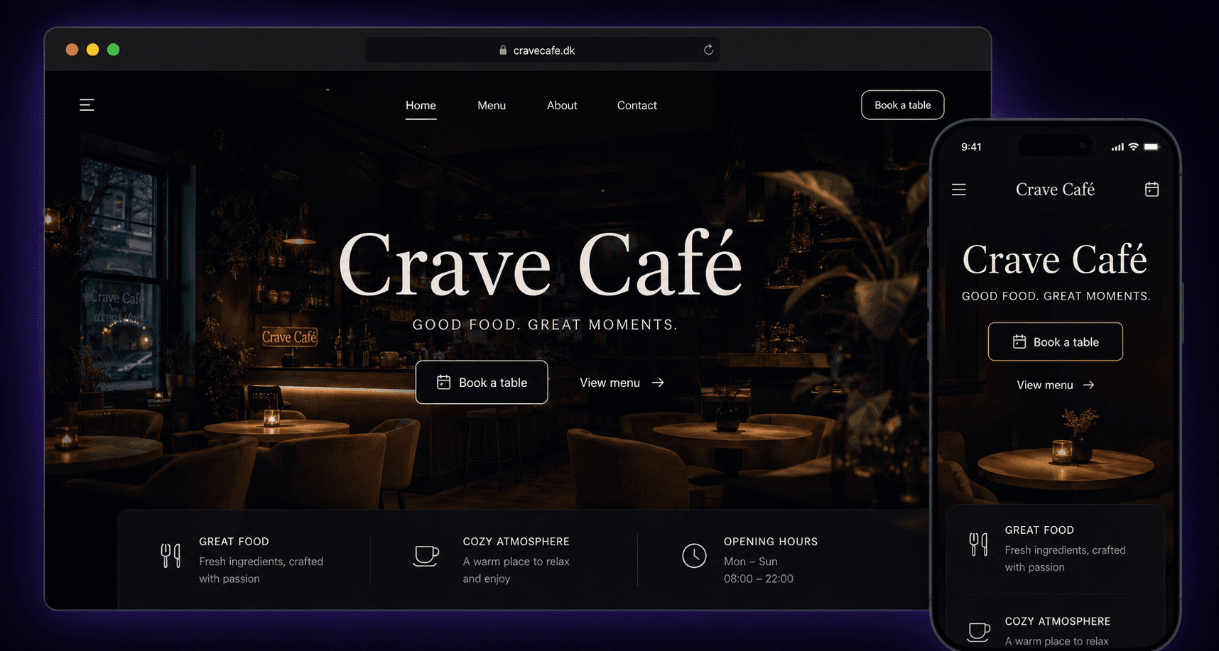 Crave Café desktop and mobile website preview powered by ReSTroo